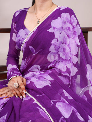 Purple Delicate Blooms Chiffon Saree with Floral Print and Pearl Lace Border