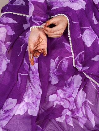 Purple Delicate Blooms Chiffon Saree with Floral Print and Pearl Lace Border