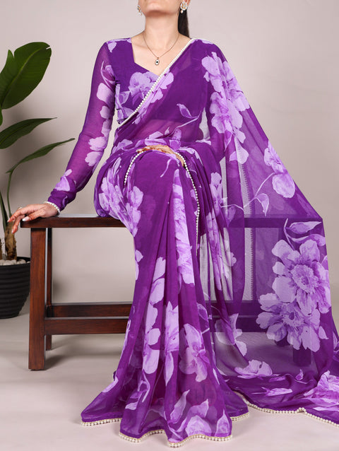 Purple Delicate Blooms Chiffon Saree with Floral Print and Pearl Lace Border Main image