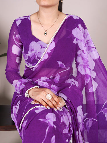 Purple Delicate Blooms Chiffon Saree with Floral Print and Pearl Lace Border