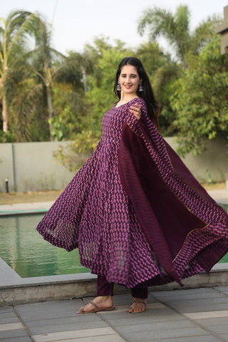 Purple Designer Digital Print Anarkali Suit Set with Dupatta – Premium Georgette & Micro Cotton ClothsVilla