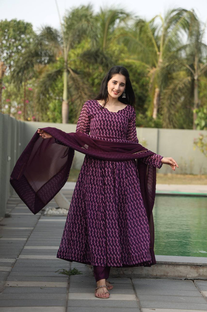 Purple Designer Digital Print Anarkali Suit Set with Dupatta – Premium Georgette & Micro Cotton ClothsVilla