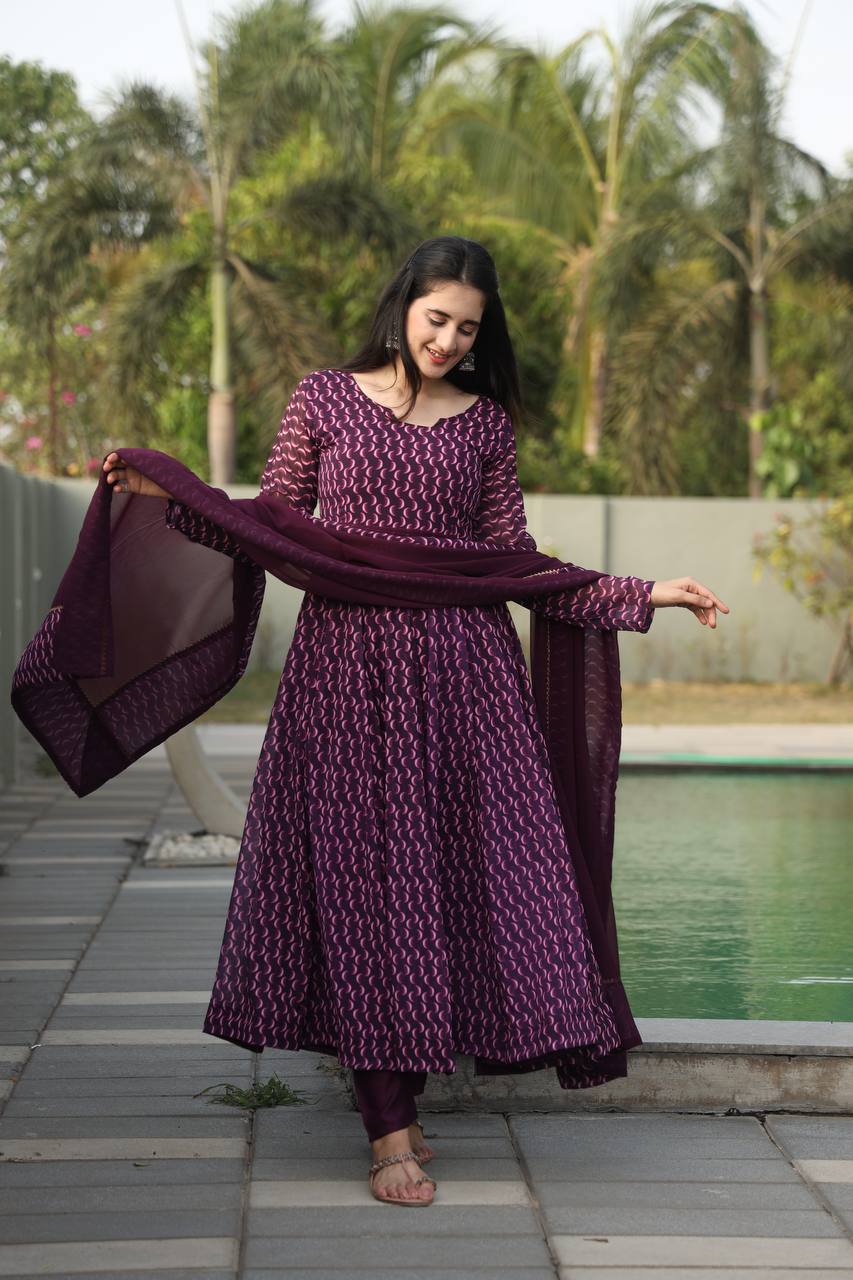 Purple Designer Digital Print Anarkali Suit Set with Dupatta – Premium Georgette & Micro Cotton ClothsVilla