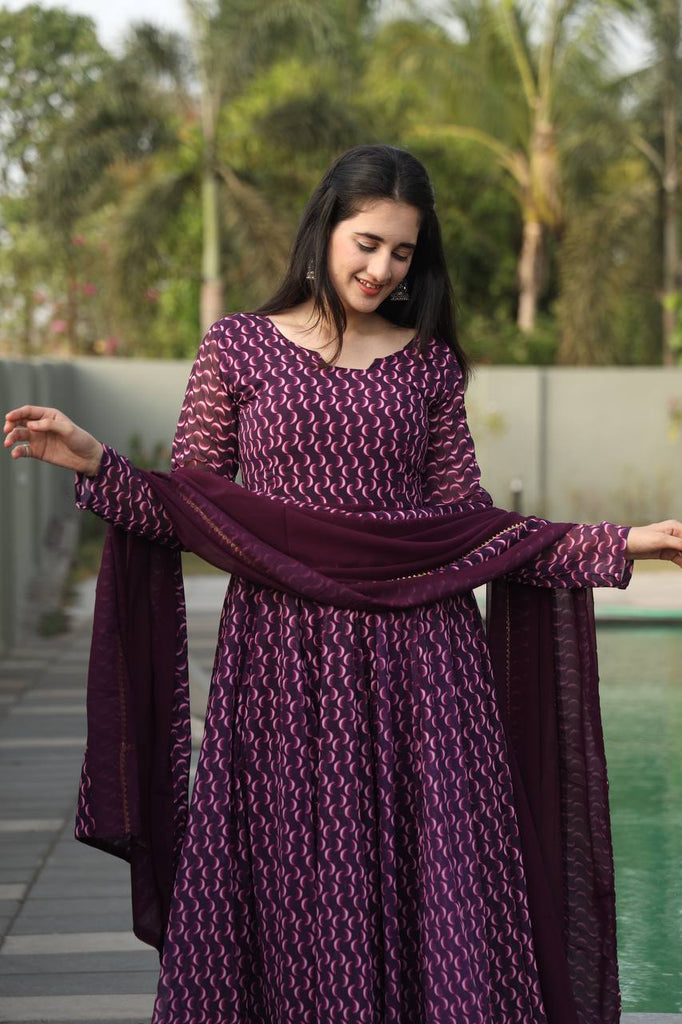 Purple Designer Digital Print Anarkali Suit Set with Dupatta – Premium Georgette & Micro Cotton ClothsVilla