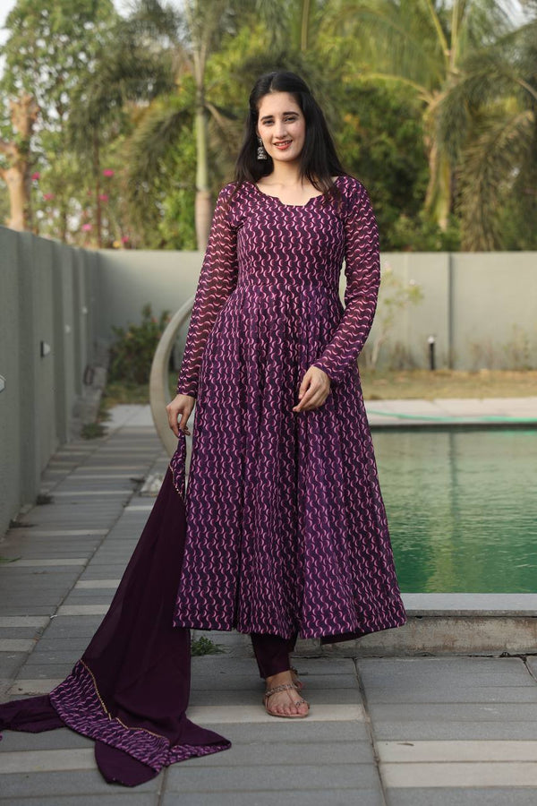 Purple Designer Digital Print Anarkali Suit Set with Dupatta – Premium Georgette & Micro Cotton ClothsVilla