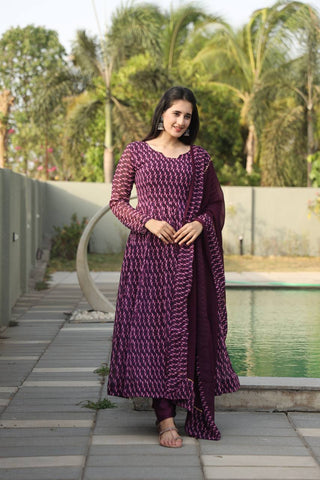 Purple Designer Digital Print Anarkali Suit Set with Dupatta – Premium Georgette & Micro Cotton ClothsVilla