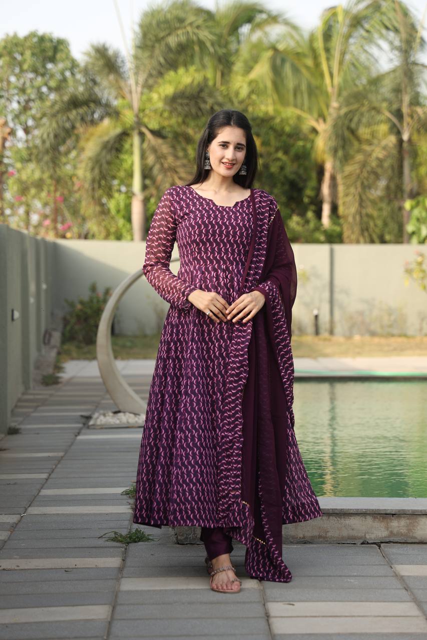 Purple Designer Digital Print Anarkali Suit Set with Dupatta – Premium Georgette & Micro Cotton ClothsVilla