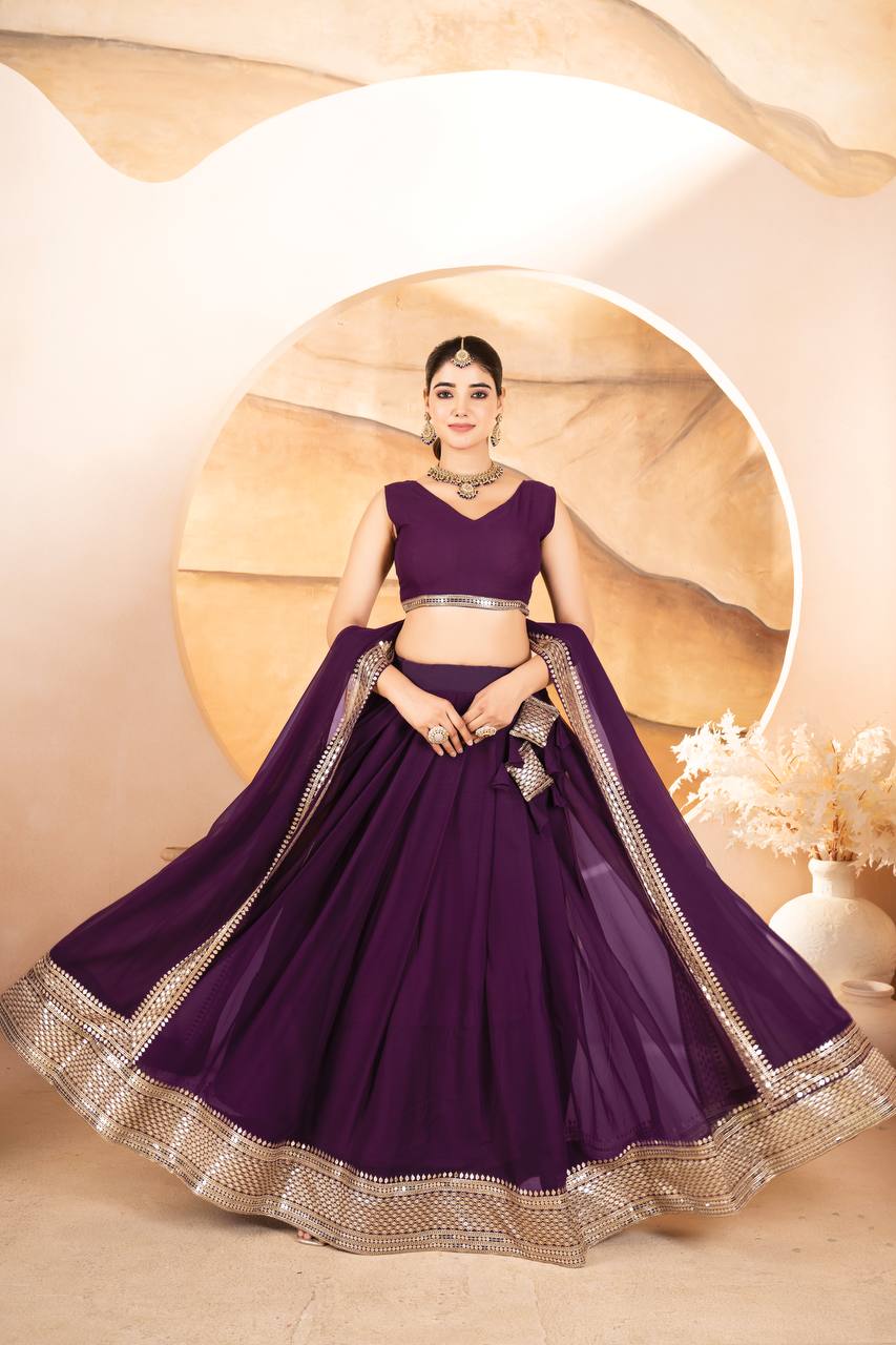 Purple Designer Dyeable Faux Blooming Lehenga Choli with 7mm Sequins Embroidery & Lace-Border Dupatta ClothsVilla Main image