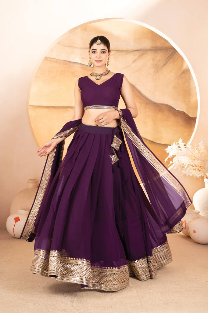 Purple Designer Dyeable Faux Blooming Lehenga Choli with 7mm Sequins Embroidery & Lace-Border Dupatta ClothsVilla