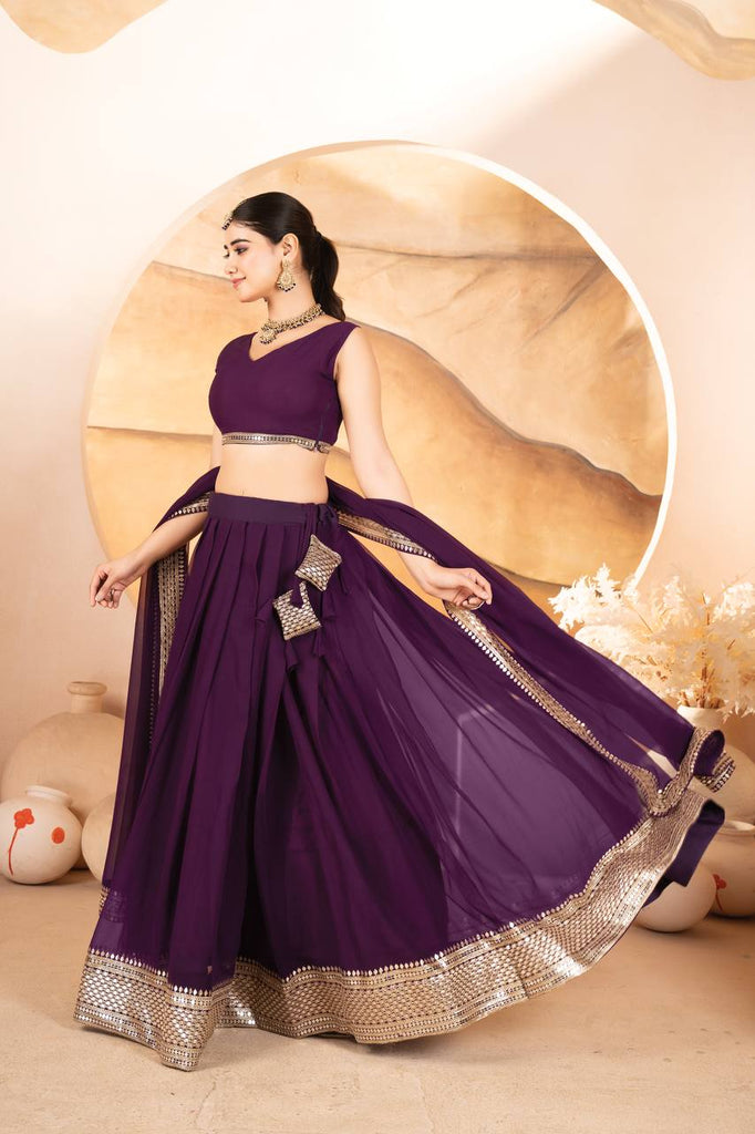 Purple Designer Dyeable Faux Blooming Lehenga Choli with 7mm Sequins Embroidery & Lace-Border Dupatta ClothsVilla