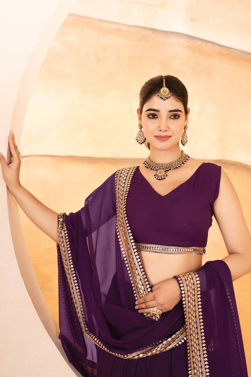 Purple Designer Dyeable Faux Blooming Lehenga Choli with 7mm Sequins Embroidery & Lace-Border Dupatta ClothsVilla
