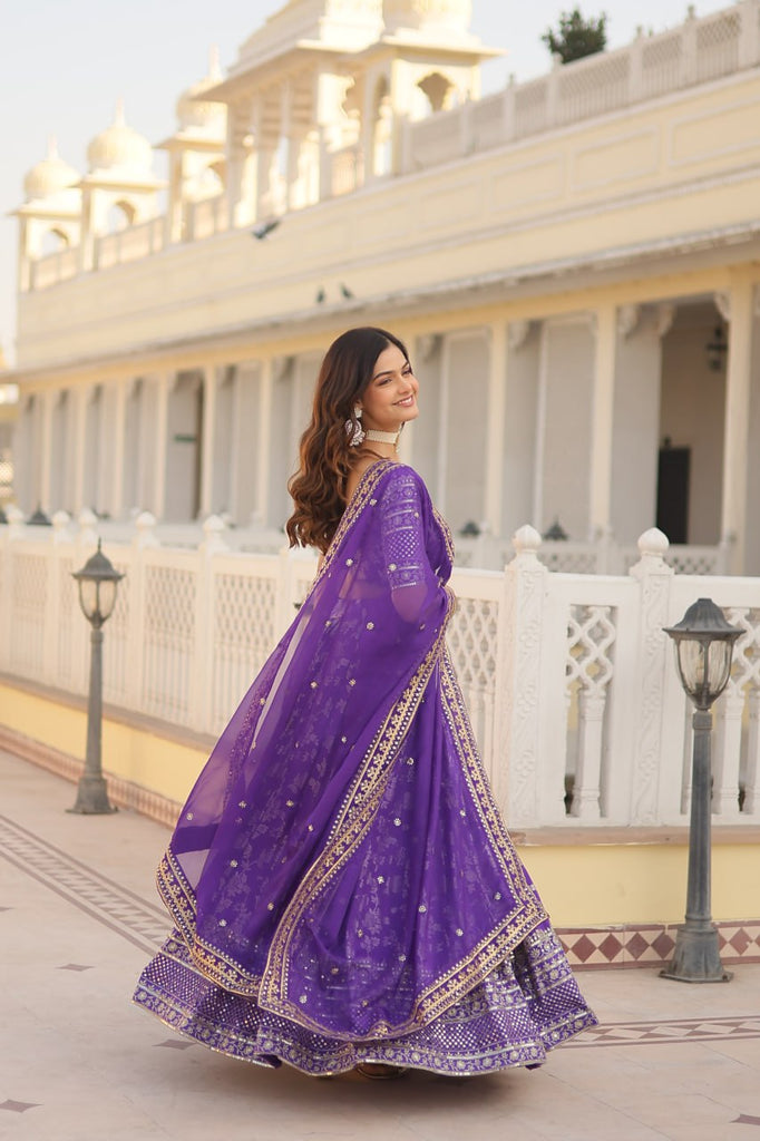 Buy Purple Lehenga Choli Dupatta Blouse Flared Hem Has V Neck Online - 1946  | Andaaz Fashion