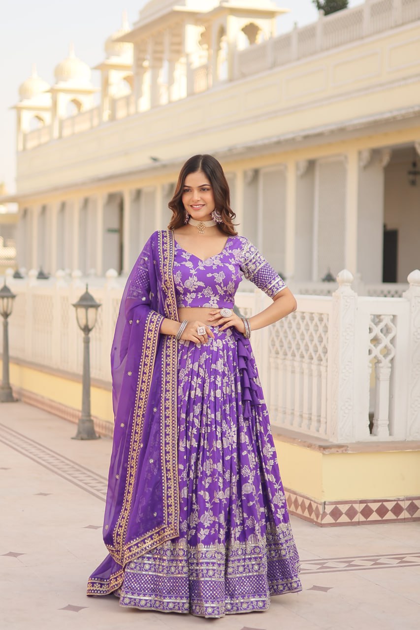 Purple Designer Dyeable Pure Viscose Jacquard Fabric Lehenga Choli & Dupatta Set ClothsVilla