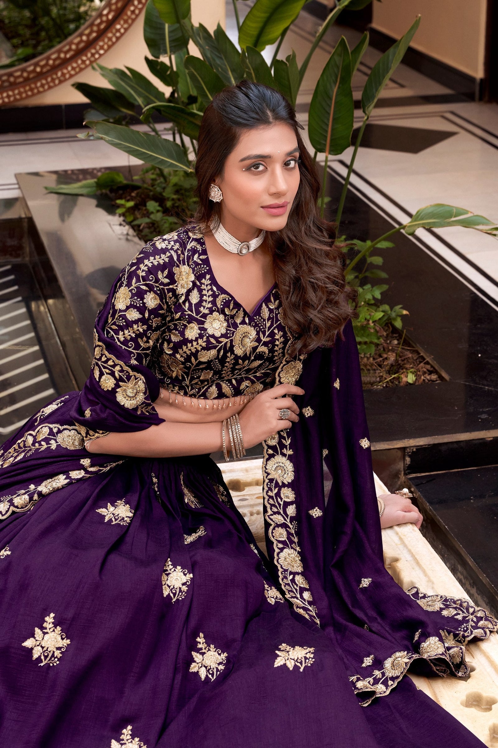 Purple Designer Embellished Lehenga Set in Vichitra Silk, Weone Silk, Star Georgette & New Crush Clothsvilla