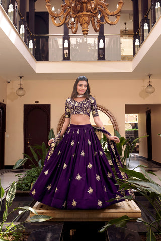 Purple Designer Embellished Lehenga Set in Vichitra Silk, Weone Silk, Star Georgette & New Crush Clothsvilla