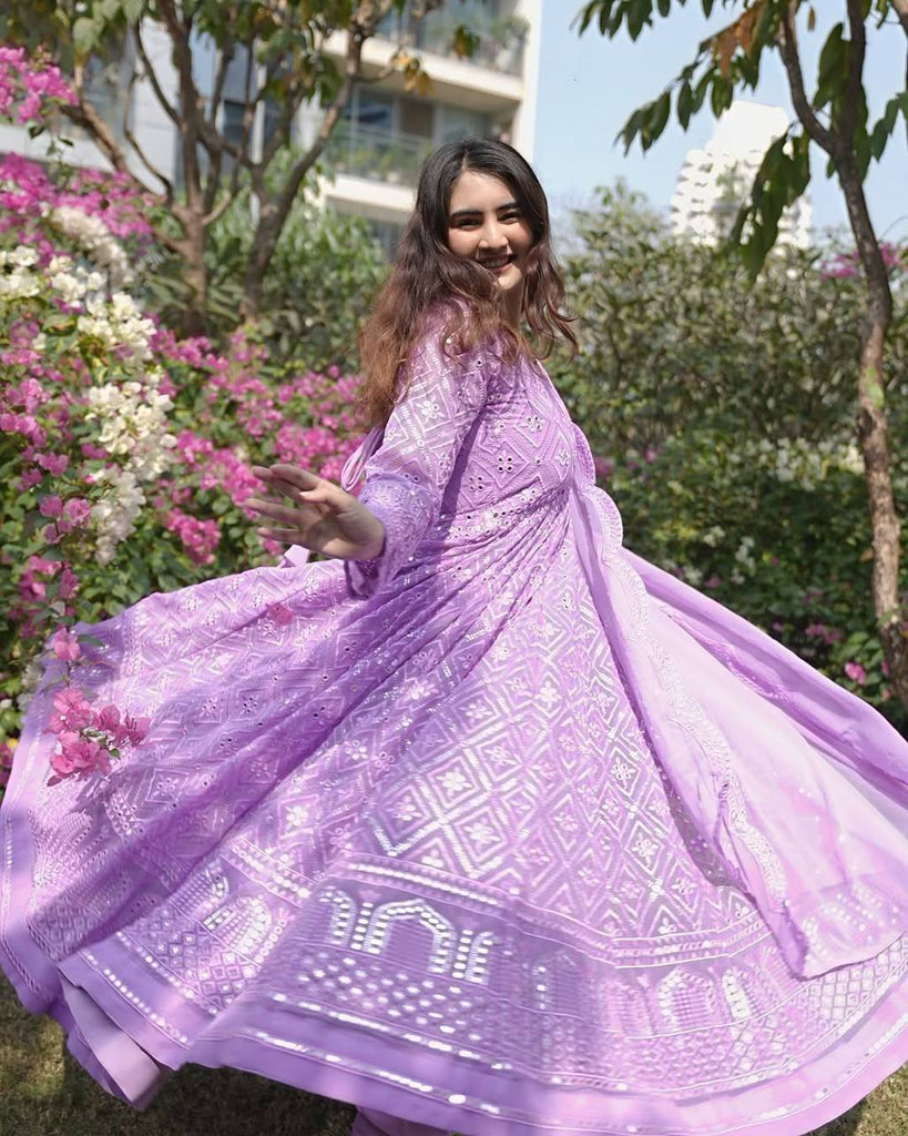 Purple Designer Faux Blooming Anarkali Suit with Heavy Sequins & Thread Embroidery ClothsVilla