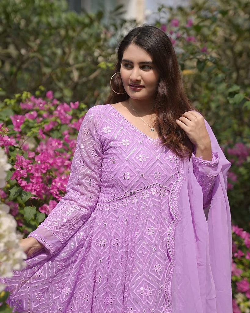 Purple Designer Faux Blooming Anarkali Suit with Heavy Sequins & Thread Embroidery ClothsVilla