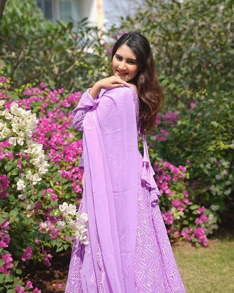 Purple Designer Faux Blooming Anarkali Suit with Heavy Sequins & Thread Embroidery ClothsVilla