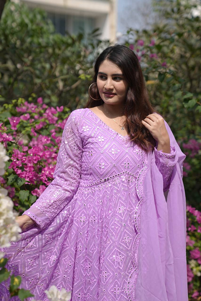 Purple Designer Faux Blooming Anarkali Suit with Heavy Sequins & Thread Embroidery ClothsVilla