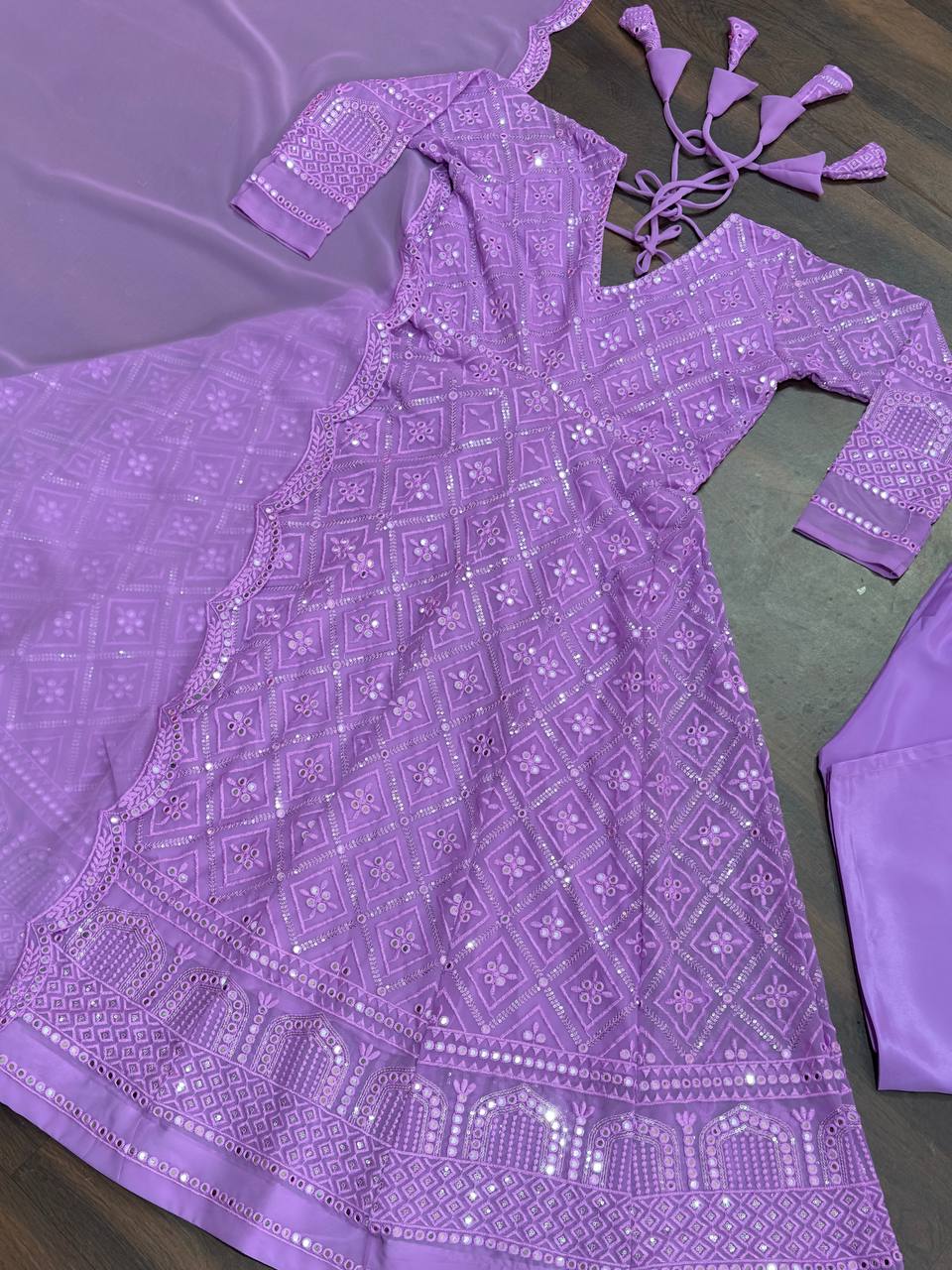 Purple Designer Faux Blooming Anarkali Suit with Heavy Sequins & Thread Embroidery ClothsVilla