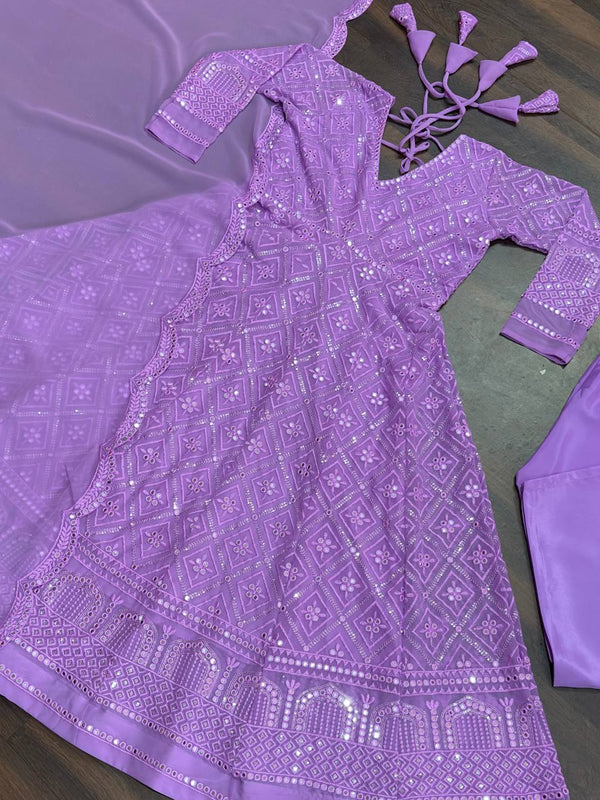 Purple Designer Faux Blooming Anarkali Suit with Heavy Sequins & Thread Embroidery ClothsVilla