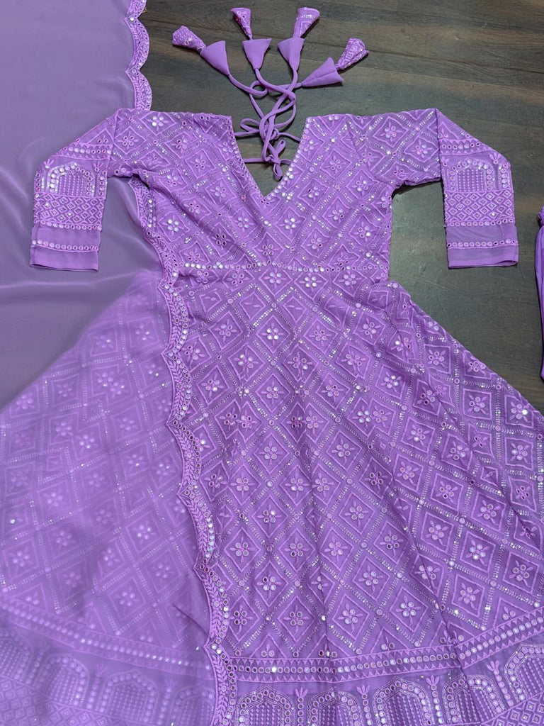 Purple Designer Faux Blooming Anarkali Suit with Heavy Sequins & Thread Embroidery ClothsVilla