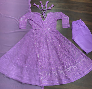 Purple Designer Faux Blooming Anarkali Suit with Heavy Sequins & Thread Embroidery ClothsVilla