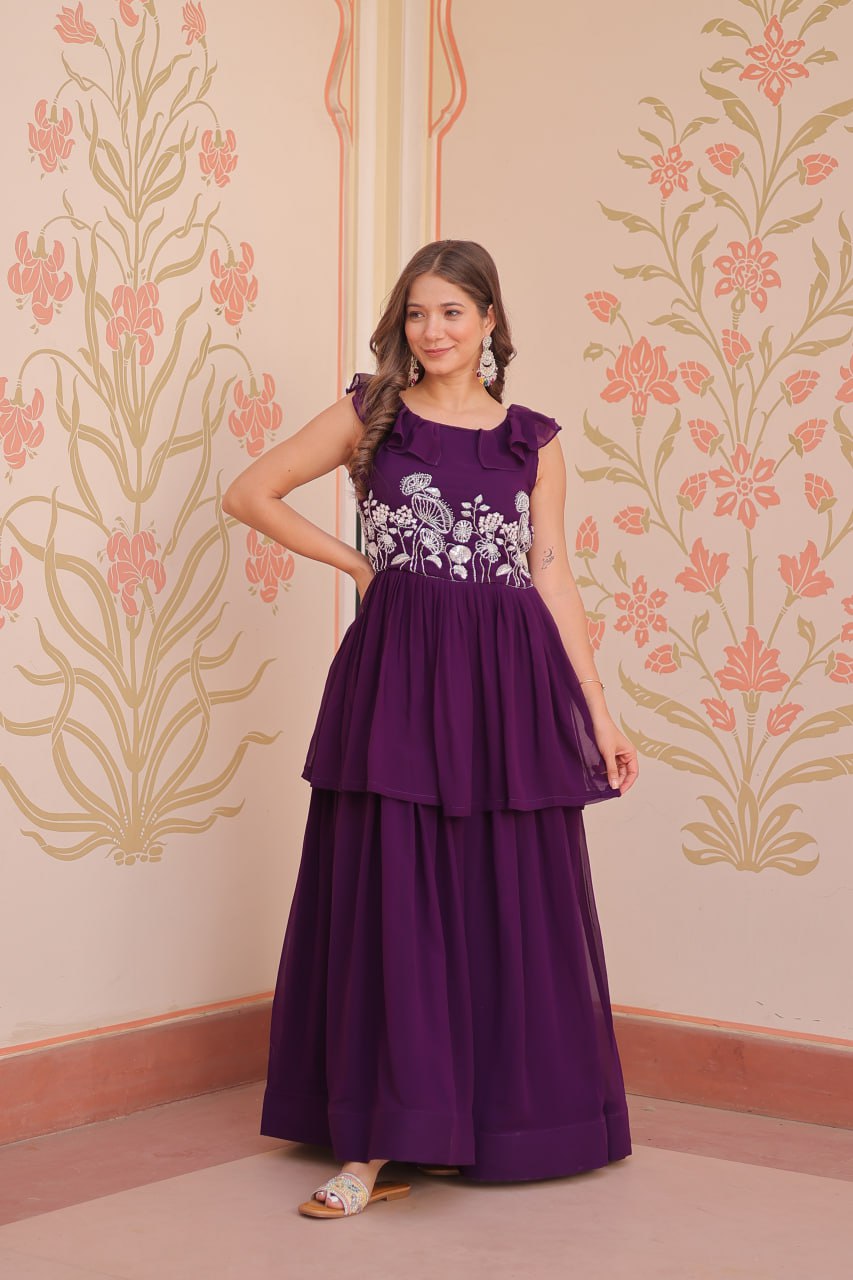 Purple Designer Faux Blooming Embroidered Gown with Bead Work & Canvas Patta Clothsvilla