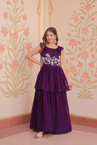 Purple Designer Faux Blooming Embroidered Gown with Bead Work & Canvas Patta Clothsvilla