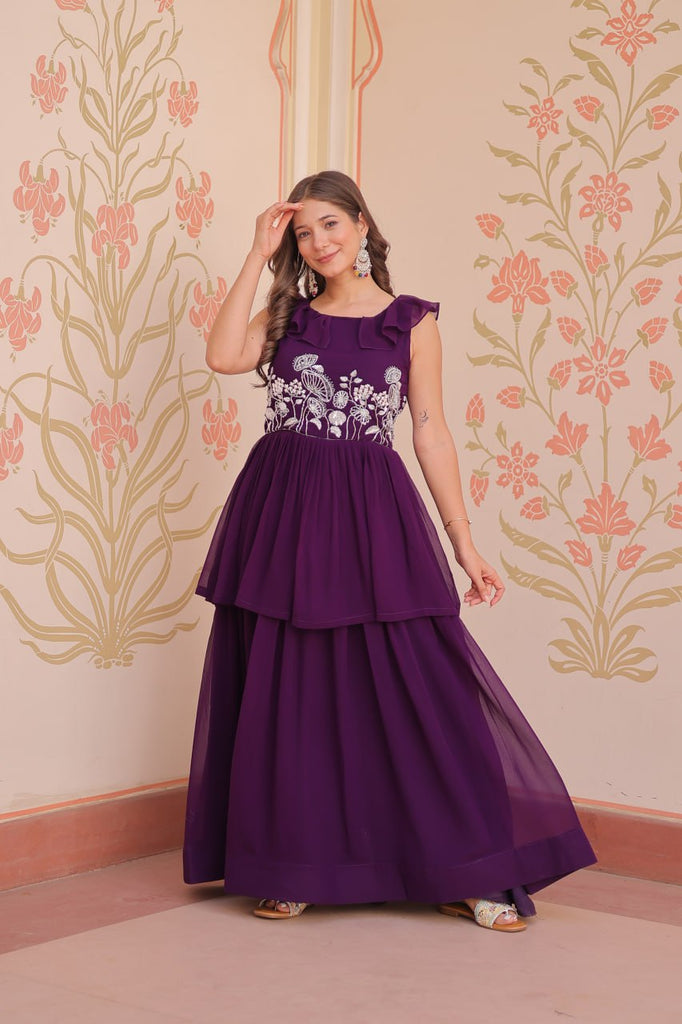 Purple Designer Faux Blooming Embroidered Gown with Bead Wor Purple Designer Faux Blooming Embroidered Gown with Bead Wor