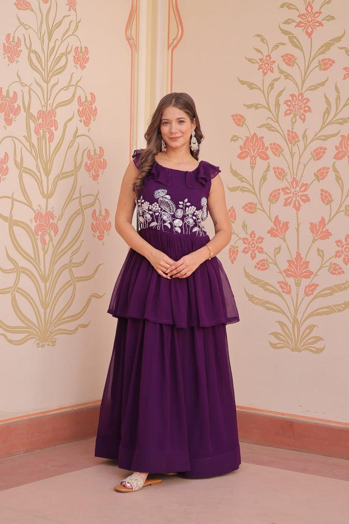 Purple Designer Faux Blooming Embroidered Gown with Bead Work & Canvas Patta Clothsvilla