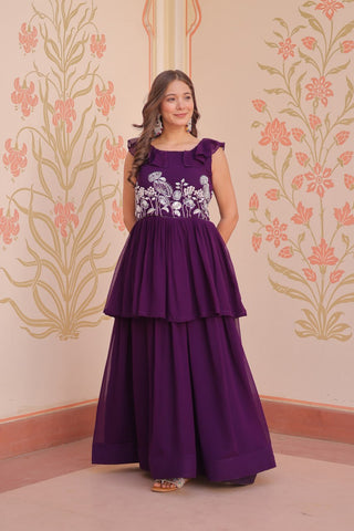 Purple Designer Faux Blooming Embroidered Gown with Bead Work & Canvas Patta Clothsvilla