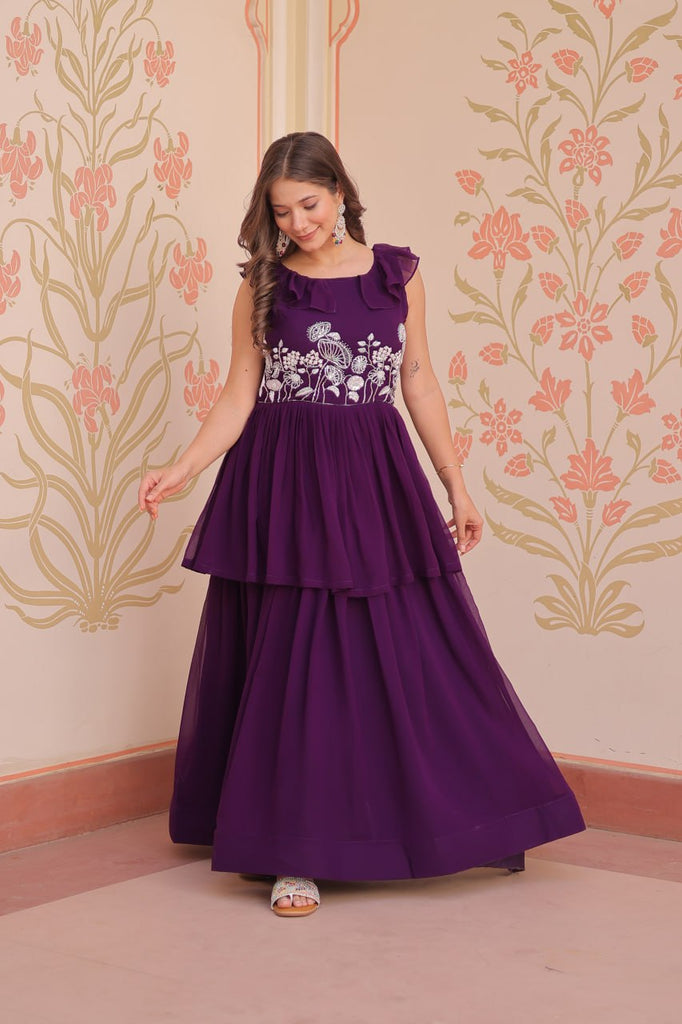 Purple Designer Faux Blooming Embroidered Gown with Bead Work & Canvas Patta Clothsvilla