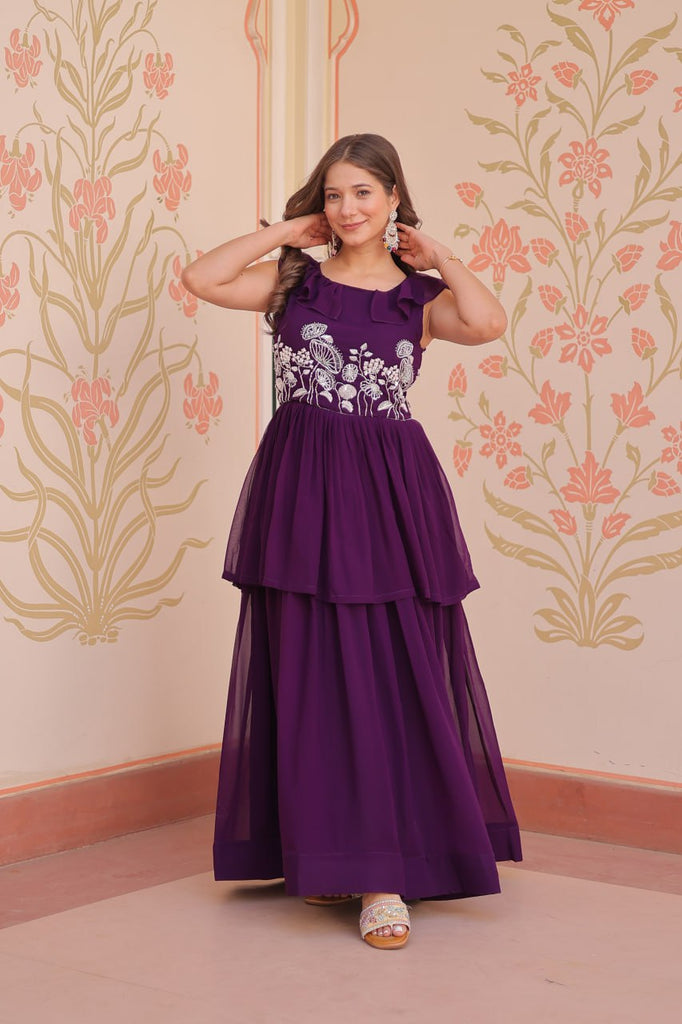 Purple Designer Faux Blooming Embroidered Gown with Bead Work & Canvas Patta Clothsvilla
