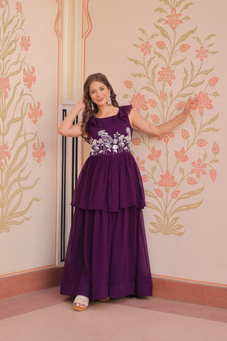 Purple Designer Faux Blooming Embroidered Gown with Bead Work & Canvas Patta Clothsvilla
