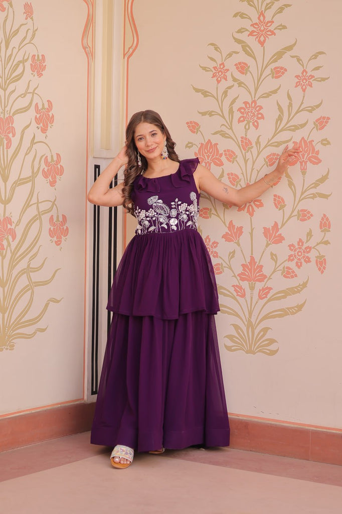 Purple Designer Faux Blooming Embroidered Gown with Bead Work & Canvas Patta Clothsvilla