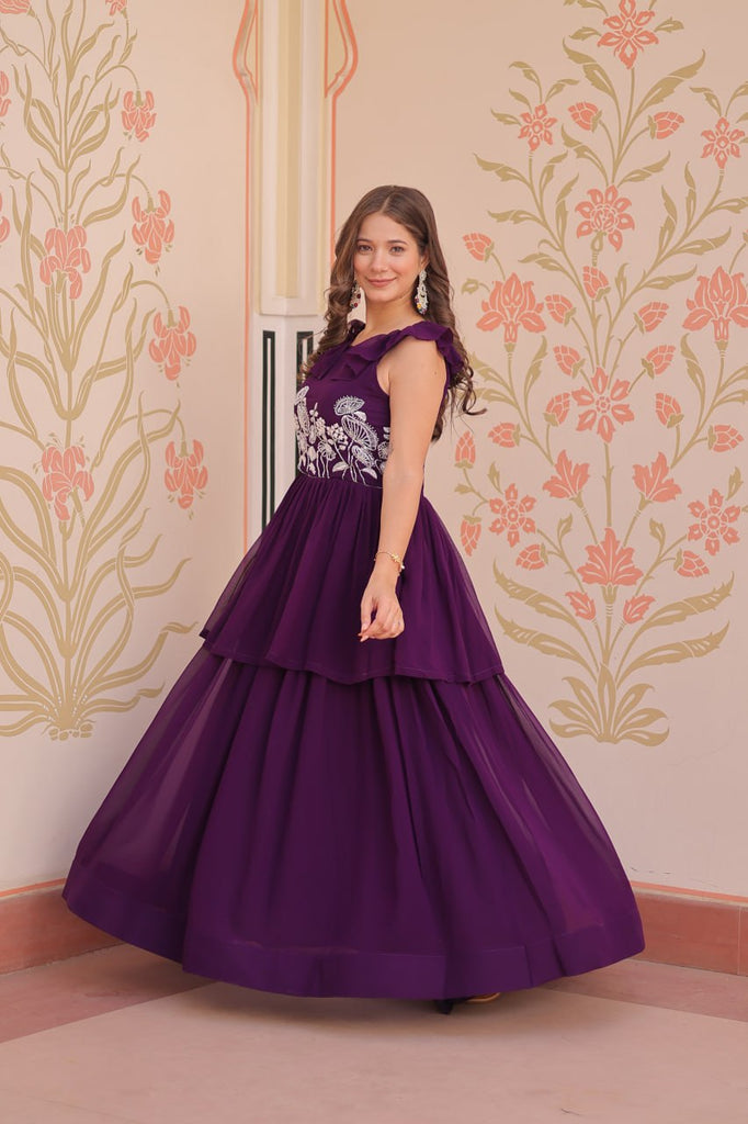 Purple Designer Faux Blooming Embroidered Gown with Bead Work & Canvas Patta Clothsvilla