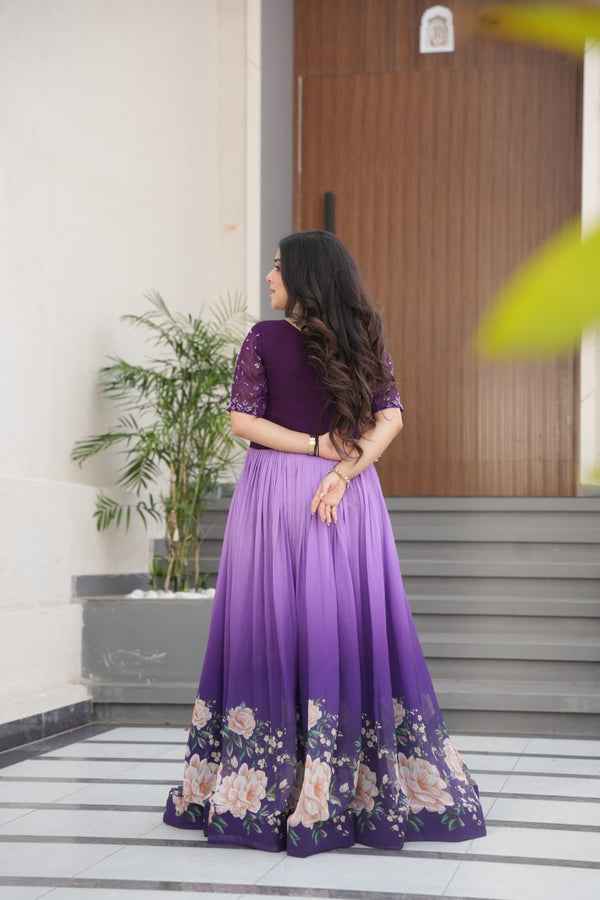 Purple Designer Faux Blooming Gown with Bead Embroidery & Digital Floral Print ClothsVilla