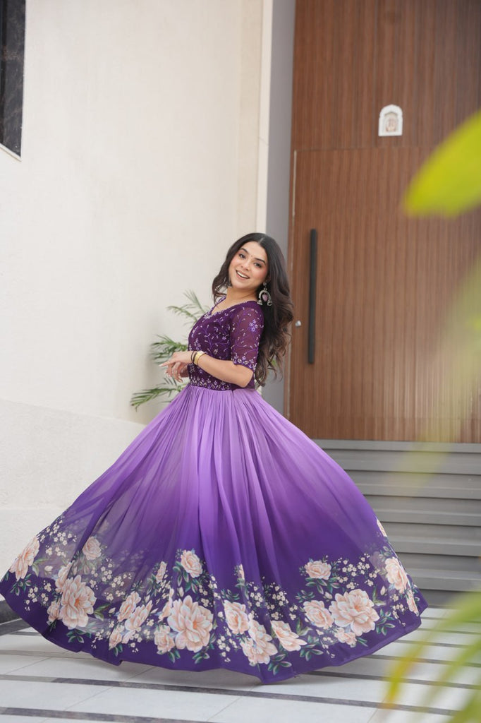 Purple Designer Faux Blooming Gown with Bead Embroidery & Digital Floral Print ClothsVilla