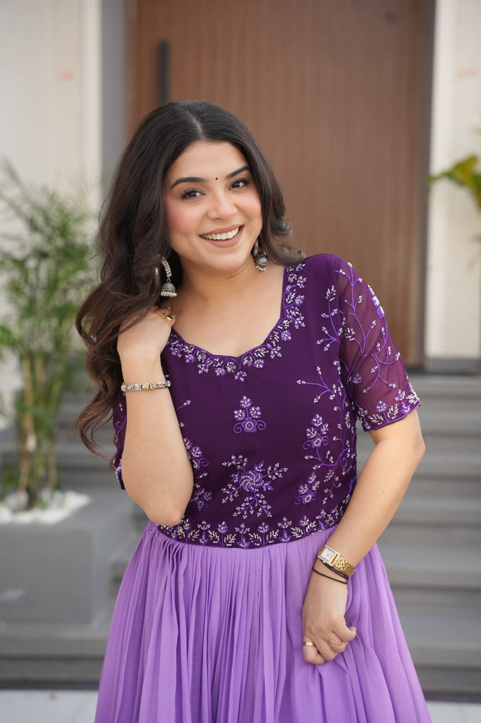 Purple Designer Faux Blooming Gown with Bead Embroidery & Digital Floral Print ClothsVilla