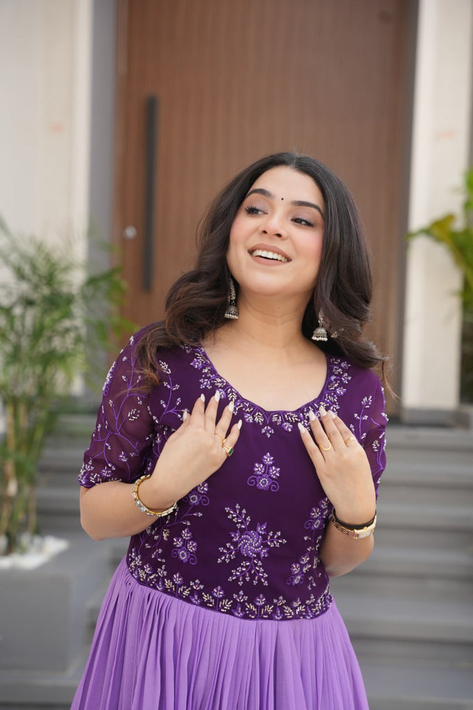 Purple Designer Faux Blooming Gown with Bead Embroidery & Digital Floral Print ClothsVilla