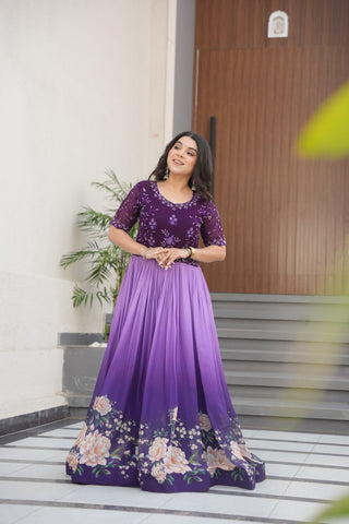 Purple Designer Faux Blooming Gown with Bead Embroidery & Digital Floral Print ClothsVilla