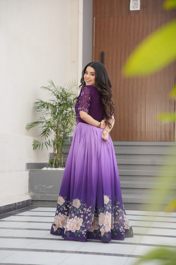 Purple Designer Faux Blooming Gown with Bead Embroidery & Digital Floral Print ClothsVilla