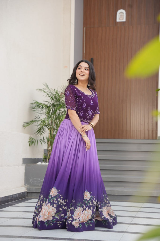 Purple Designer Faux Blooming Gown with Bead Embroidery & Digital Floral Print ClothsVilla