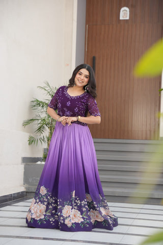 Purple Designer Faux Blooming Gown with Bead Embroidery & Digital Floral Print ClothsVilla