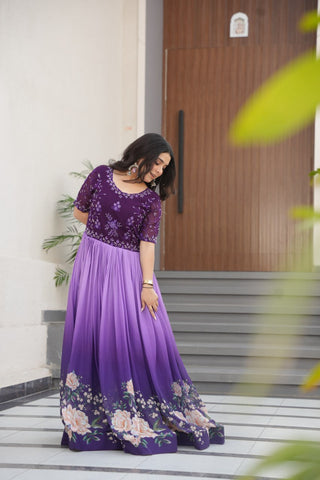 Purple Designer Faux Blooming Gown with Bead Embroidery & Digital Floral Print ClothsVilla