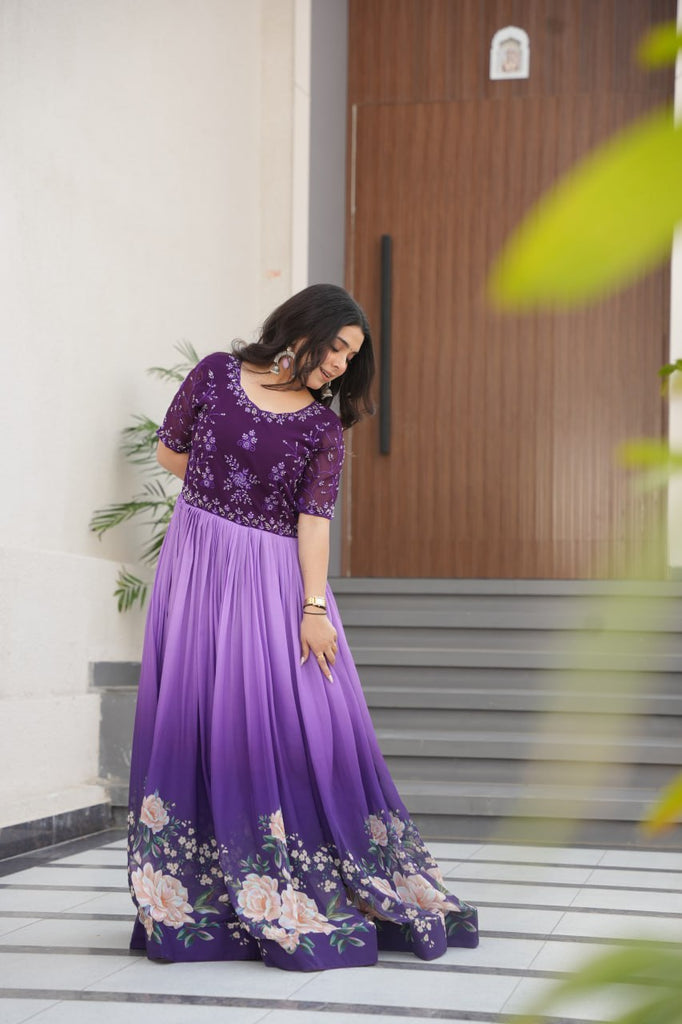Purple Designer Faux Blooming Gown with Bead Embroidery & Digital Floral Print ClothsVilla