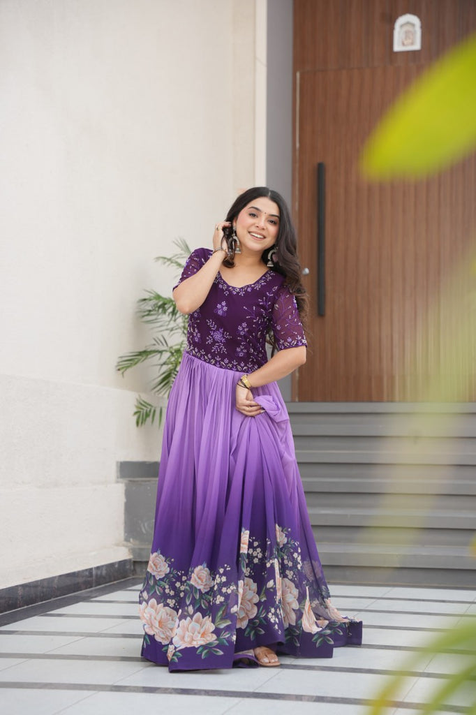 Purple Designer Faux Blooming Gown with Bead Embroidery & Digital Floral Print ClothsVilla