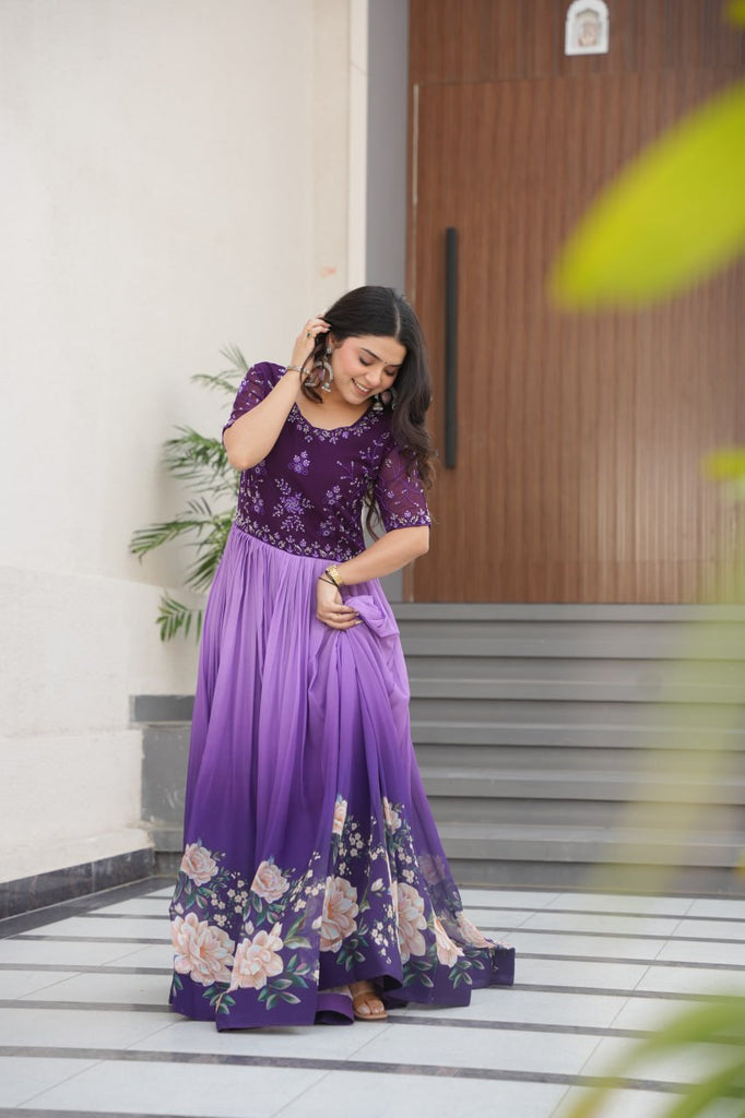 Purple Designer Faux Blooming Gown with Bead Embroidery & Digital Floral Print ClothsVilla