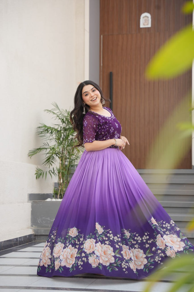 Purple Designer Faux Blooming Gown with Bead Embroidery & Digital Floral Print ClothsVilla